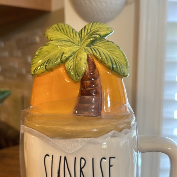 Rae Dunn SUNRISE SUNBURN SUNSET Ceramic Mug with Sun and Palm Tree Top 2 piece - Picture 5 of 5